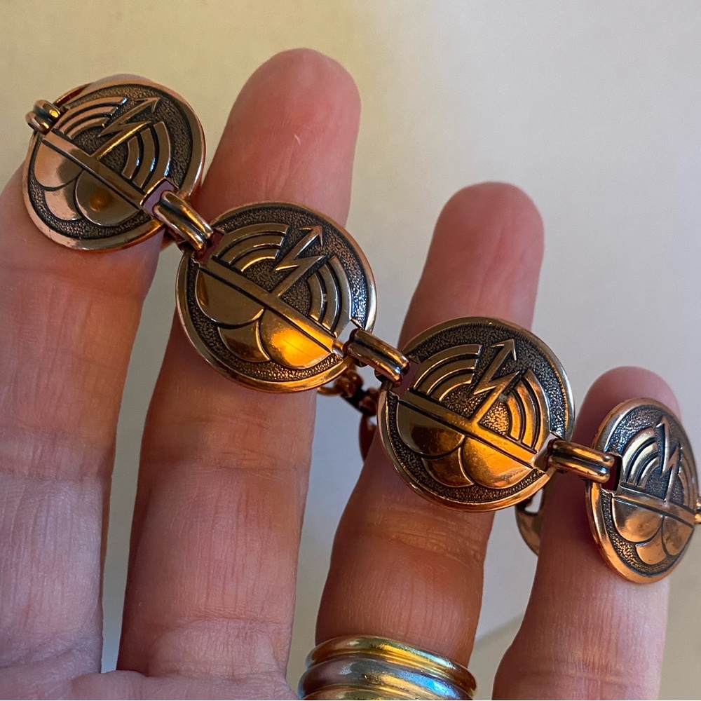 Vintage Copper Disc Link Bracelet Thunder Cloud Lightening Bolt Embossed 7"